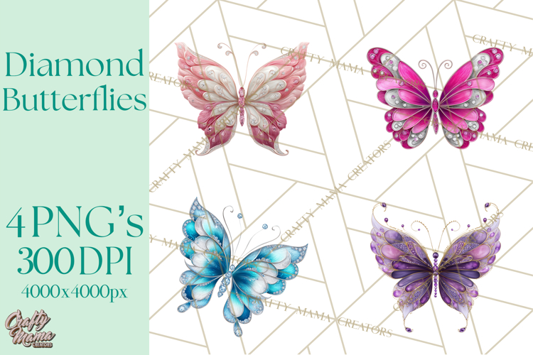 Sparkly Diamond Butterfly Clipart Colorful PNG Graphics