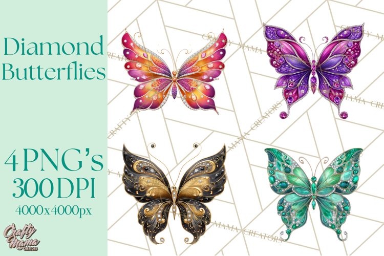 Sparkly Diamond Butterfly Clipart Colorful PNG Graphics