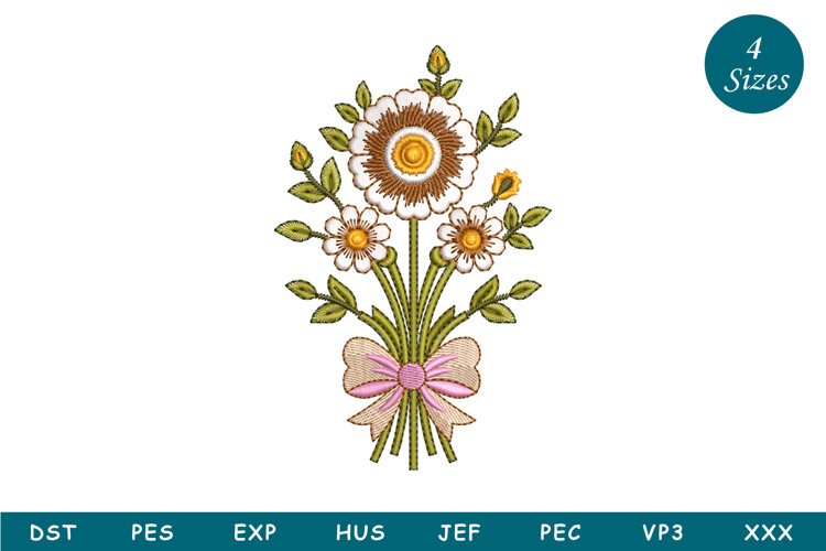 Daisy Bow Bouquet Embroidery Design example image 1