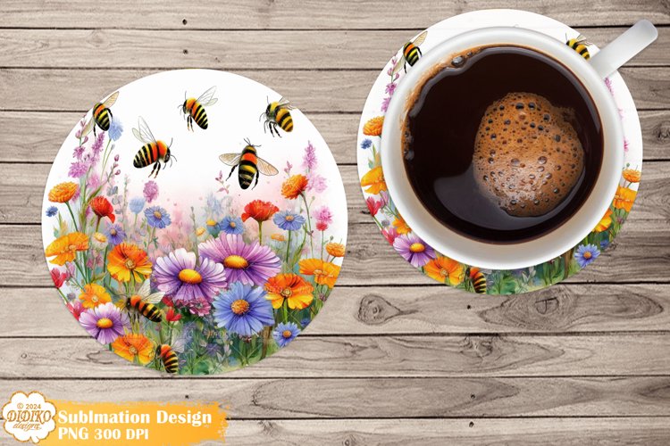 Bees Coaster Sublimation, Flowers Round Coaster Png