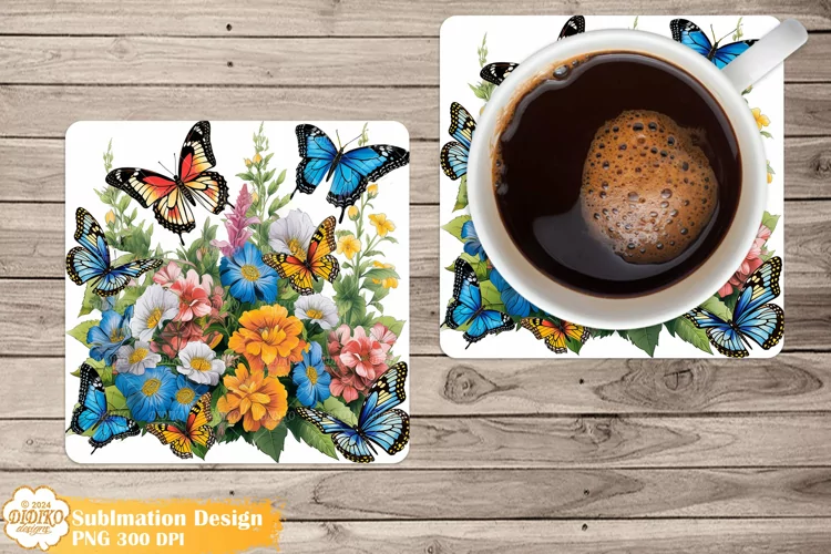 Butterflies Coaster Sublimation, Flowers Square Coaster Png