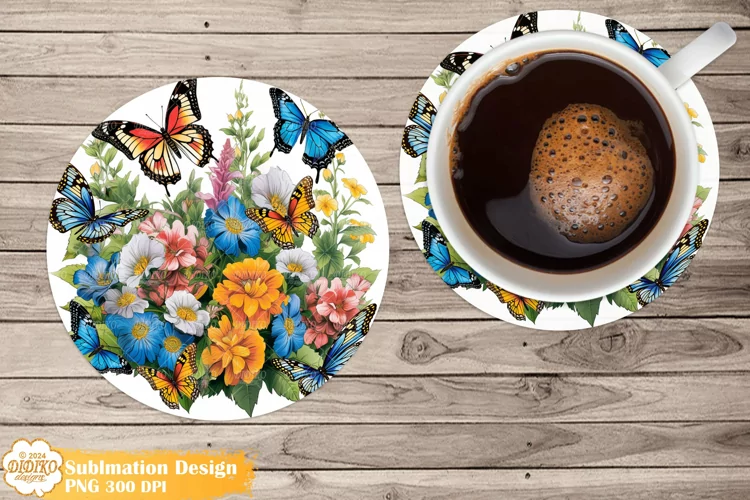 Butterflies Coaster Sublimation, Flowers Round Coaster Png