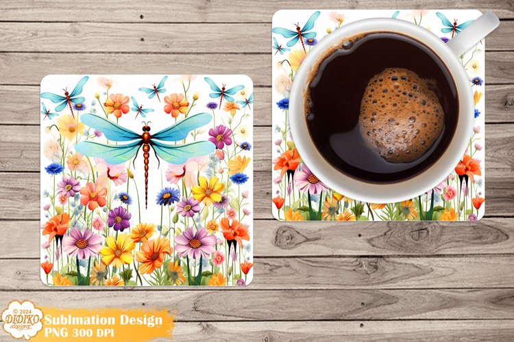 Dragonflies Coaster Sublimation, Flowers Square Coaster Png example image 1