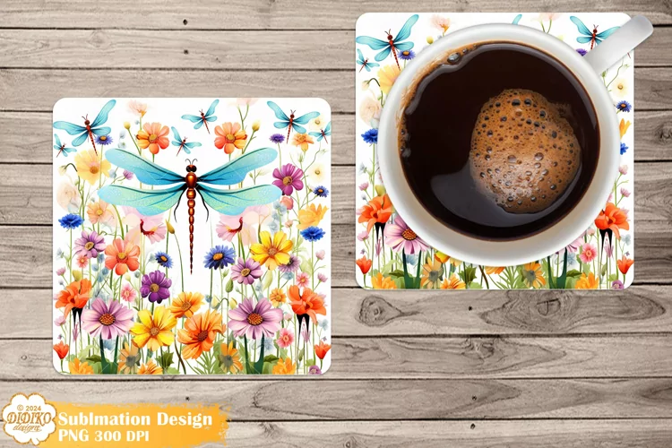 Dragonflies Coaster Sublimation, Flowers Square Coaster Png
