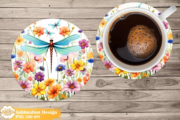 Dragoflies Coaster Sublimation, Flowers Round Coaster Png