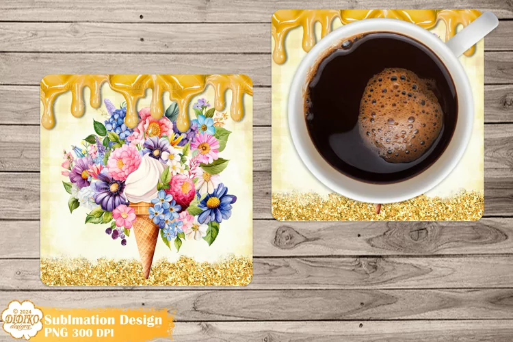 Flowers Ise Creame Coaster Sublimation, Square Coaster Png