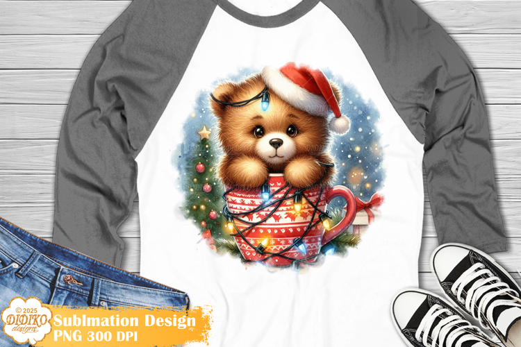 Christmas Shirt Sublimation, Cute Bear in Mug Png