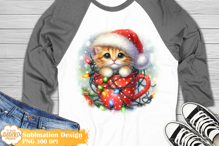 Christmas Shirt Sublimation Png, Cute Cat in Mug Png