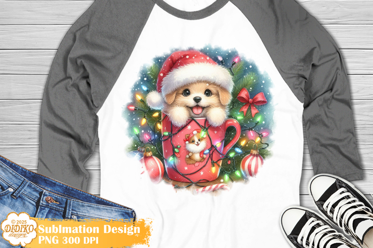 Christmas Shirt Png Sublimation, Cute Dog in Mug Png