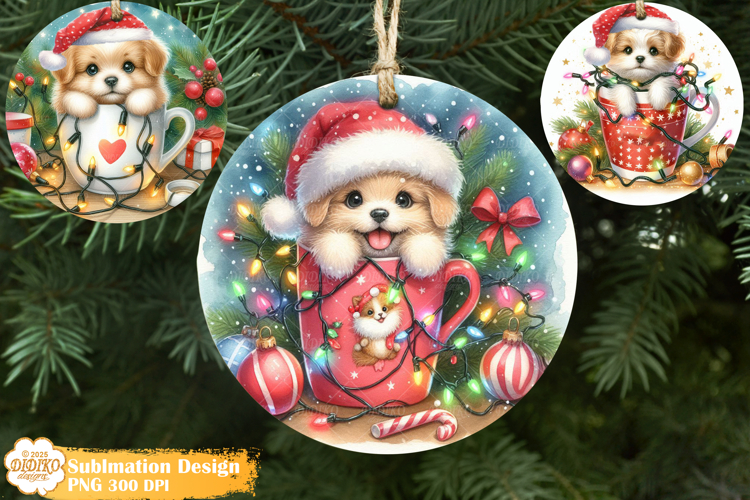 Christmas Ornaments Png Sublimation,Cute Dog in Mug Png