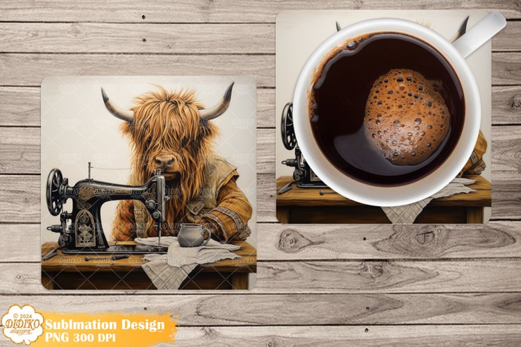 Highland Cow Coaster Sublimation, Vintage Square Coaster Png