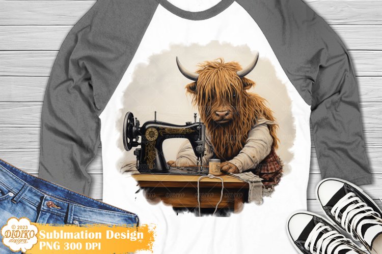 Highland Cow Sublimation, Vintage Sewing Machine Png Clipart example image 1