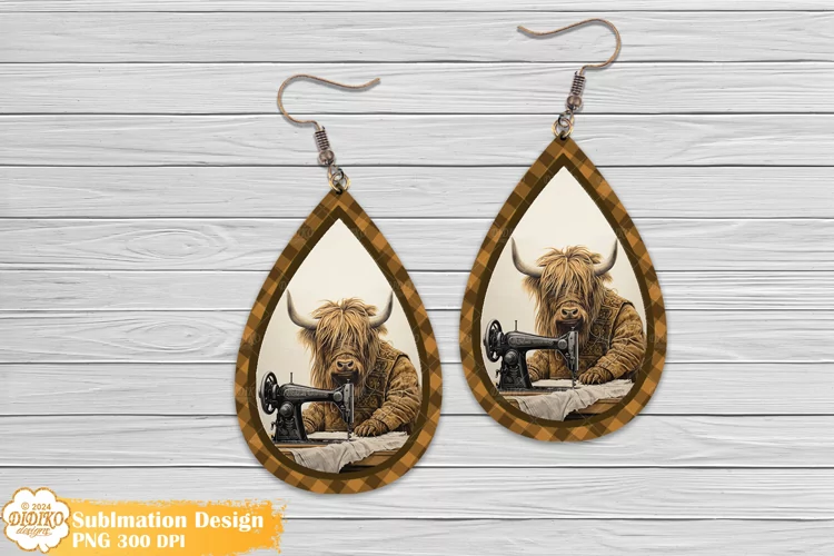 Highland Cow Earrings Sublimation, Vintage Teardrop Earrings