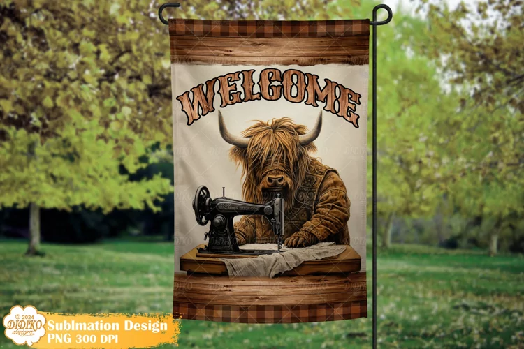Highland Cow Garden Flag Sublimation, Vintage Sewing Png