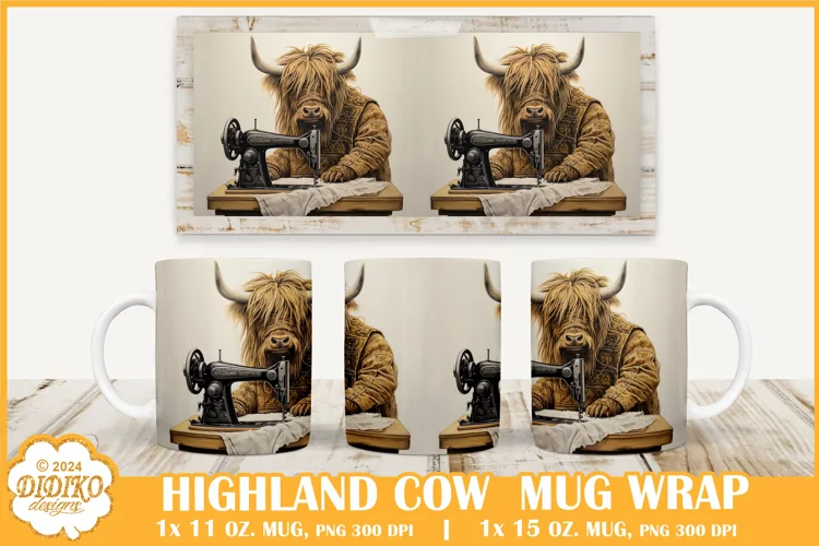 Highland Cow Mug Wrap Sublimation, 11 oz Vintage Mug Wrap
