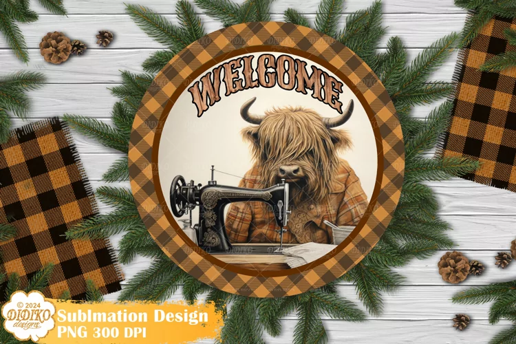 Highland Cow Round Sign Sublimation Png, Vintage Sewing Sign