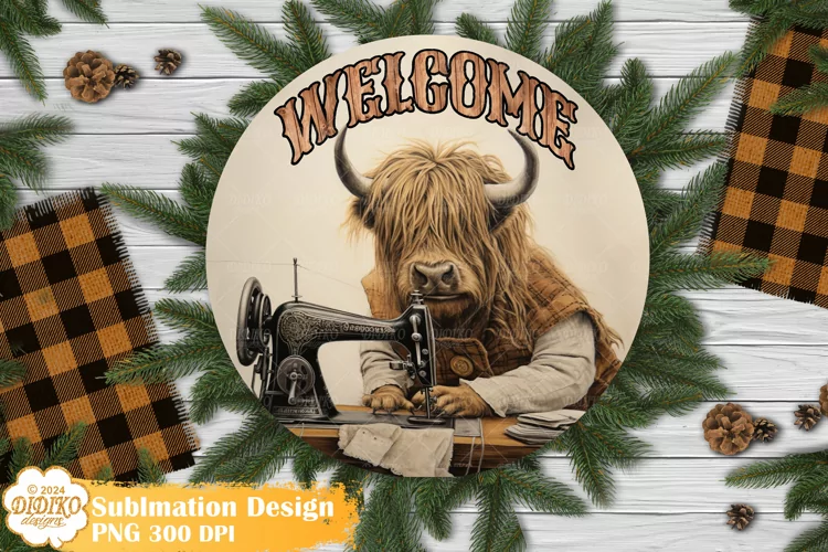 Highland Cow Round Sign Sublimation, Vintage Sewing Sign Png