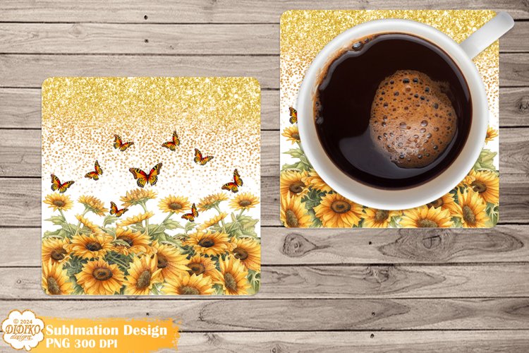 Butterfly Sunflower Coaster Sublimation, Square Coaster Png