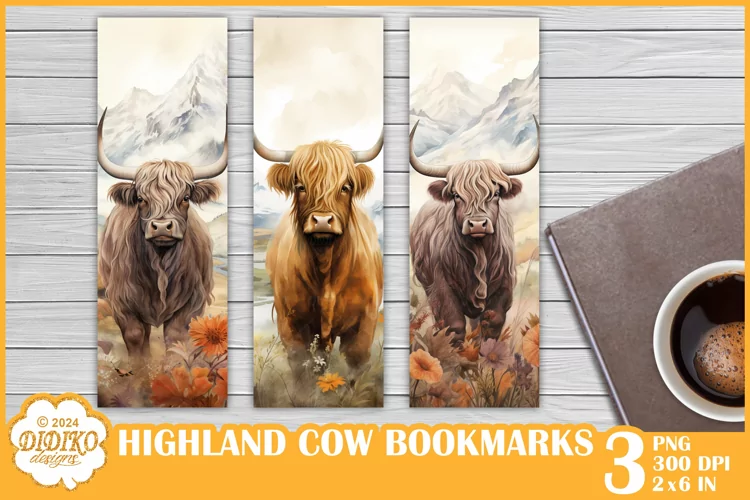 Highland Cow Bookmarks Sublimation, Watercolor Bookmarks Png