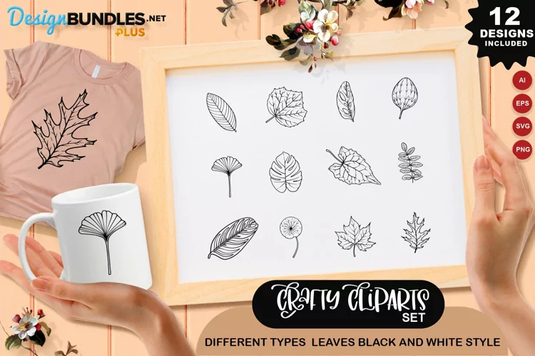 Different Types Leaves Black And White Style Clipart Set