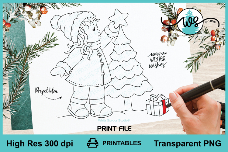 Digital Stamp Winter Girl Christmas Tree Printable Line Art