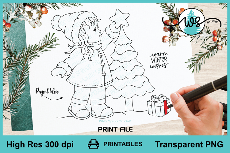 Digital Stamp Winter Girl Christmas Tree Printable Line Art