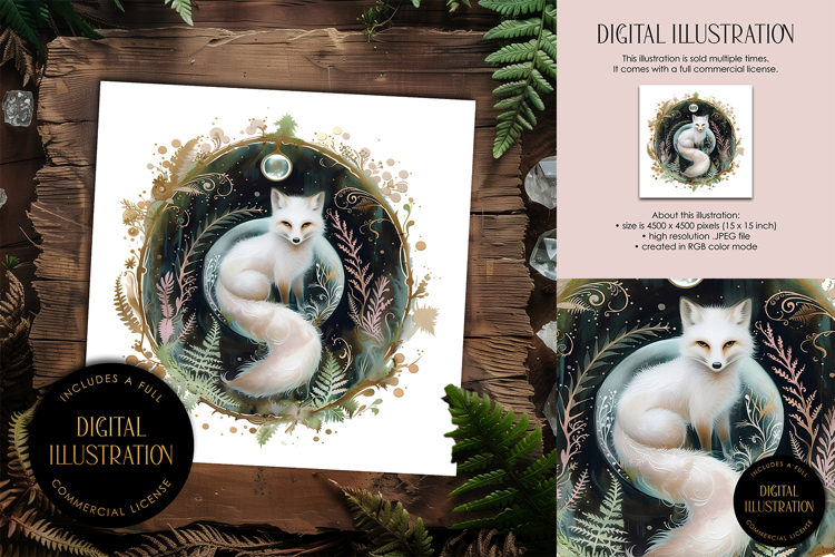White Fox, Fern & Crystal Illustration