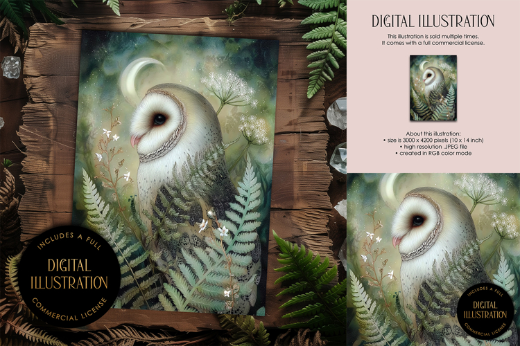 Barn Owl in Ferns Illustration
