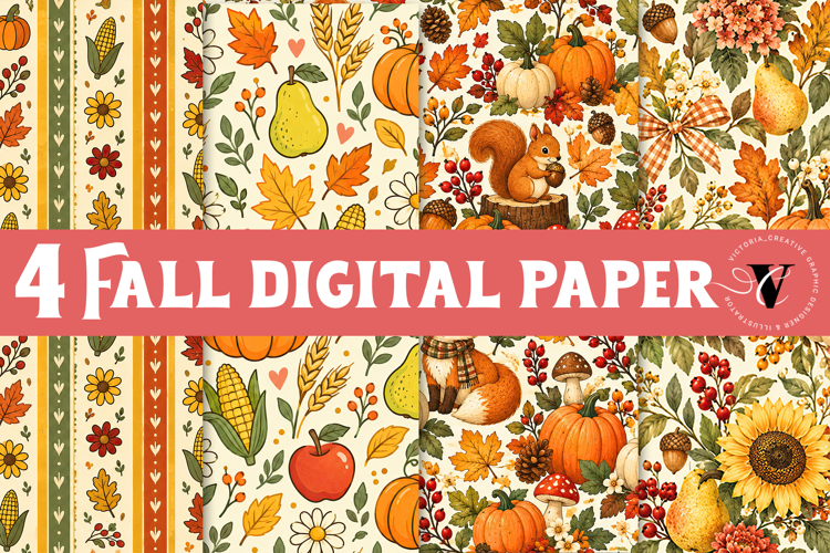 Fall Digital Paper | Thanksgiving Pumpkin Apple Leaf