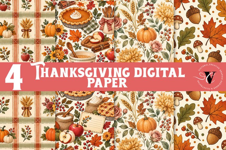 Fall Digital Paper | Thanksgiving Pumpkin Apple Turkey Leaf example image 1
