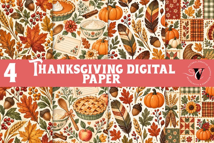 Fall Digital Paper | Thanksgiving Pumpkin Apple Turkey Leaf example image 1