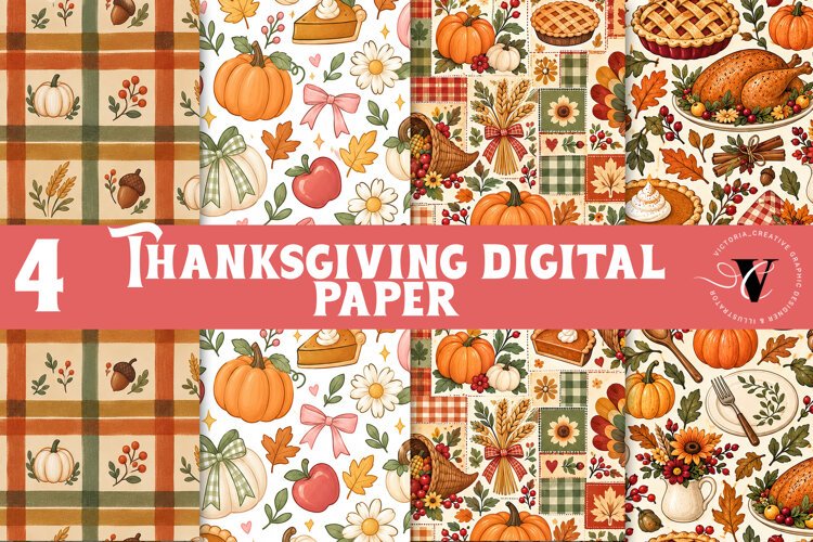 Fall Digital Paper | Thanksgiving Pumpkin Apple Turkey Leaf example image 1