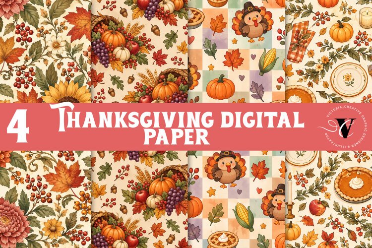 Fall Digital Paper | Thanksgiving Pumpkin Apple Turkey Leaf example image 1