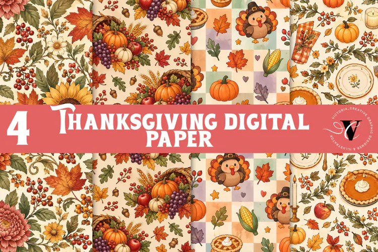 Fall Digital Paper | Thanksgiving Pumpkin Apple Turkey Leaf