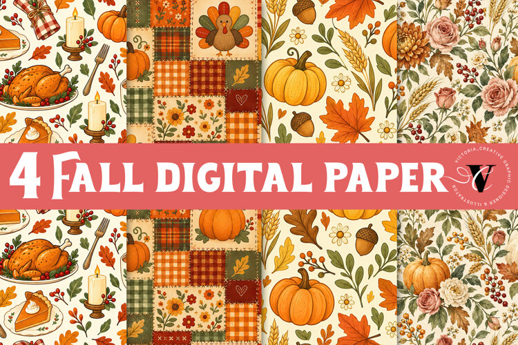 Fall Digital Paper | Thanksgiving Pumpkin Apple Turkey Leaf example image 1