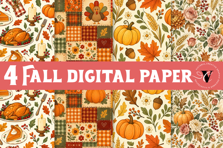 Fall Digital Paper | Thanksgiving Pumpkin Apple Turkey Leaf