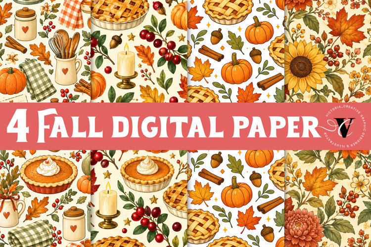 Fall Digital Paper | Thanksgiving Pumpkin Apple Turkey Leaf example image 1