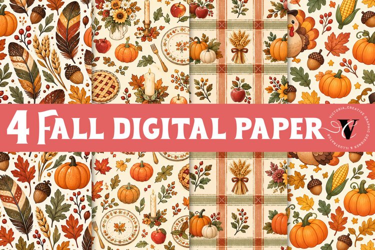 Fall Digital Paper | Thanksgiving Pumpkin Apple Turkey Leaf example image 1