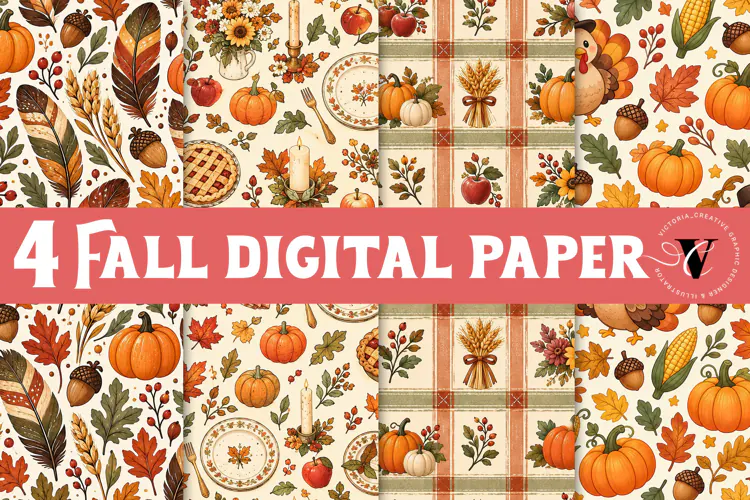 Fall Digital Paper | Thanksgiving Pumpkin Apple Turkey Leaf