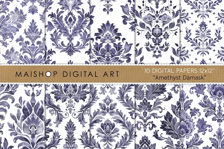 Amethyst Damask Watercolor Digital Paper Pack