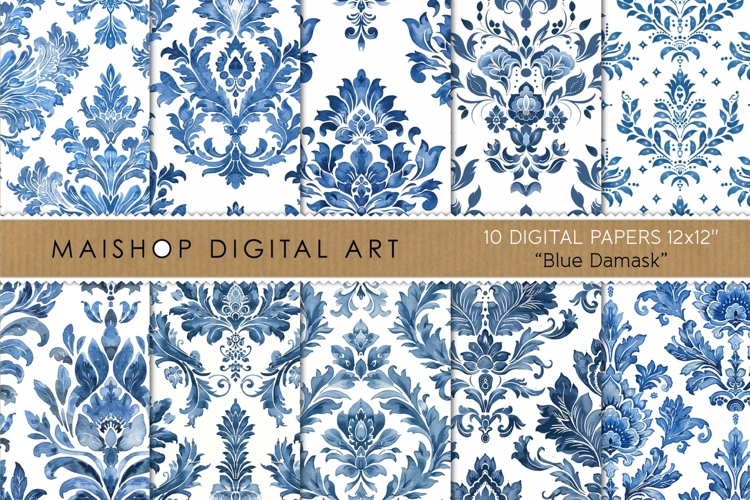 Blue Damask Digital Papers in Watercolor Style