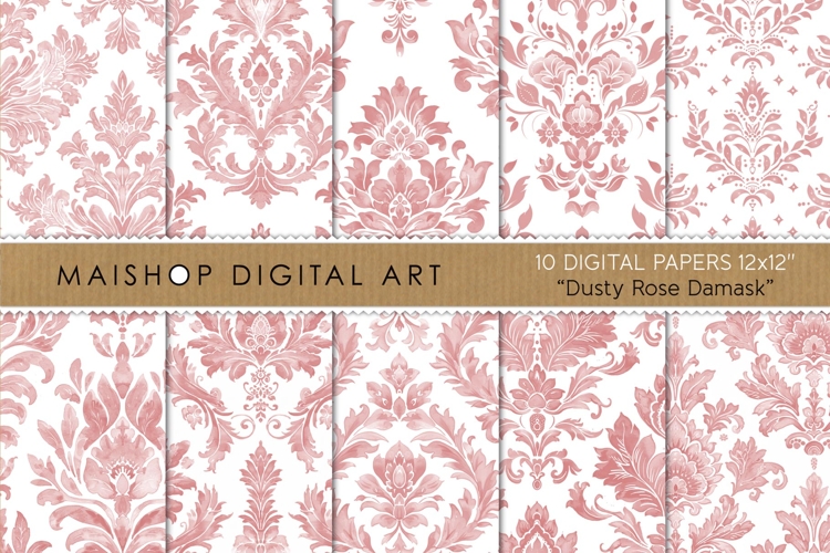 Dusty Rose Damask Digital Papers in Watercolor Style