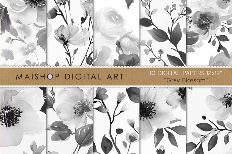 Gray Blossom Floral Digital Paper Pack for Elegant Designs
