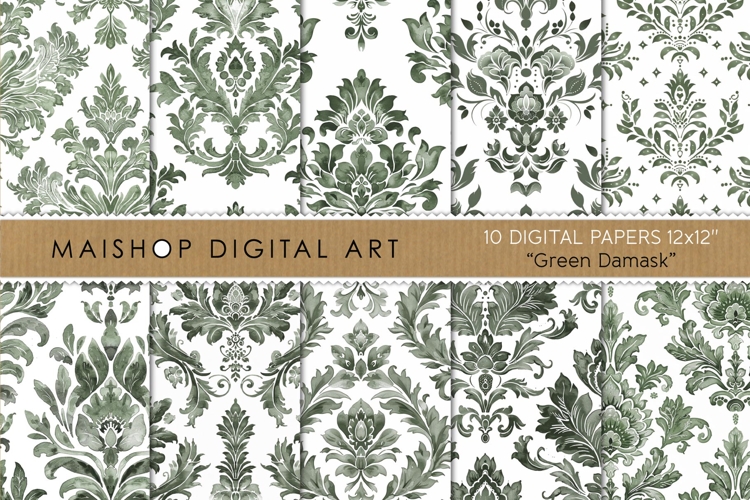Sage and Olive Damask Digital Papers in Watercolor Style