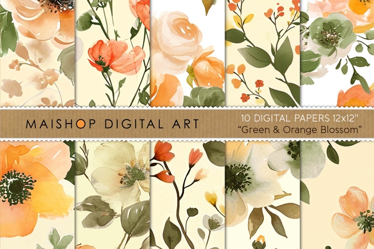 Orange Green Floral Digital Paper Pack Watercolor Style