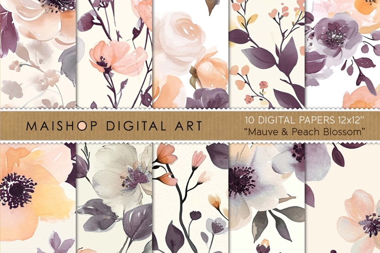Mauve and Peach Floral Watercolor Digital Paper Pack