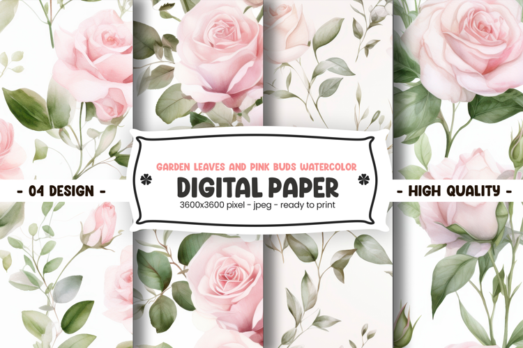 Garden leaves and pink buds watercolor digital paper