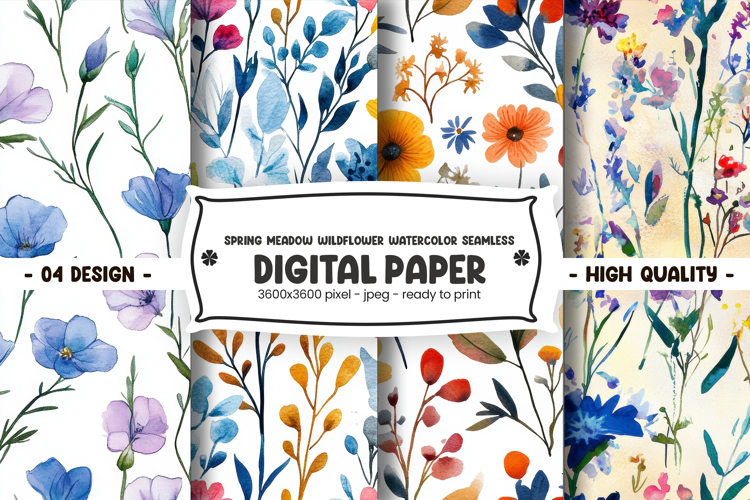 Spring meadow wildflower watercolor seamless digital paper