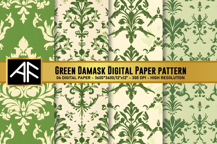 Green Damask Digital Paper Patterns