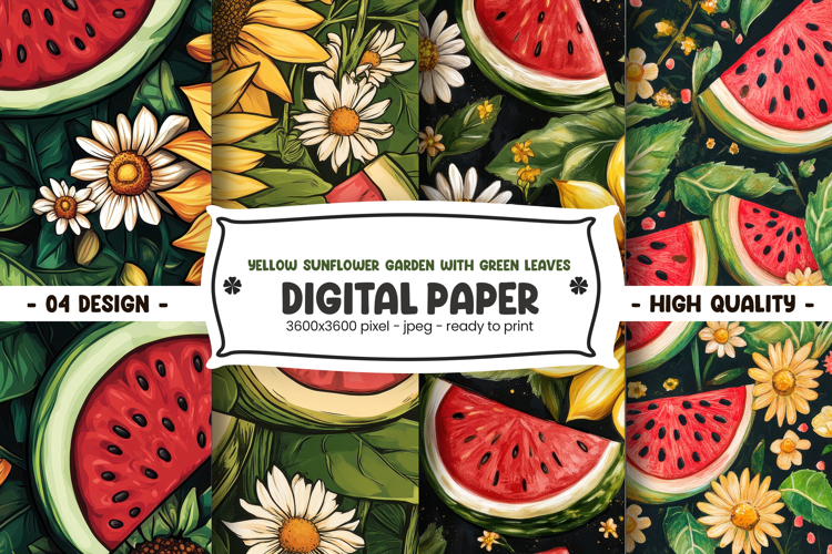 Yellow sunflower garden with green leaves digital paper